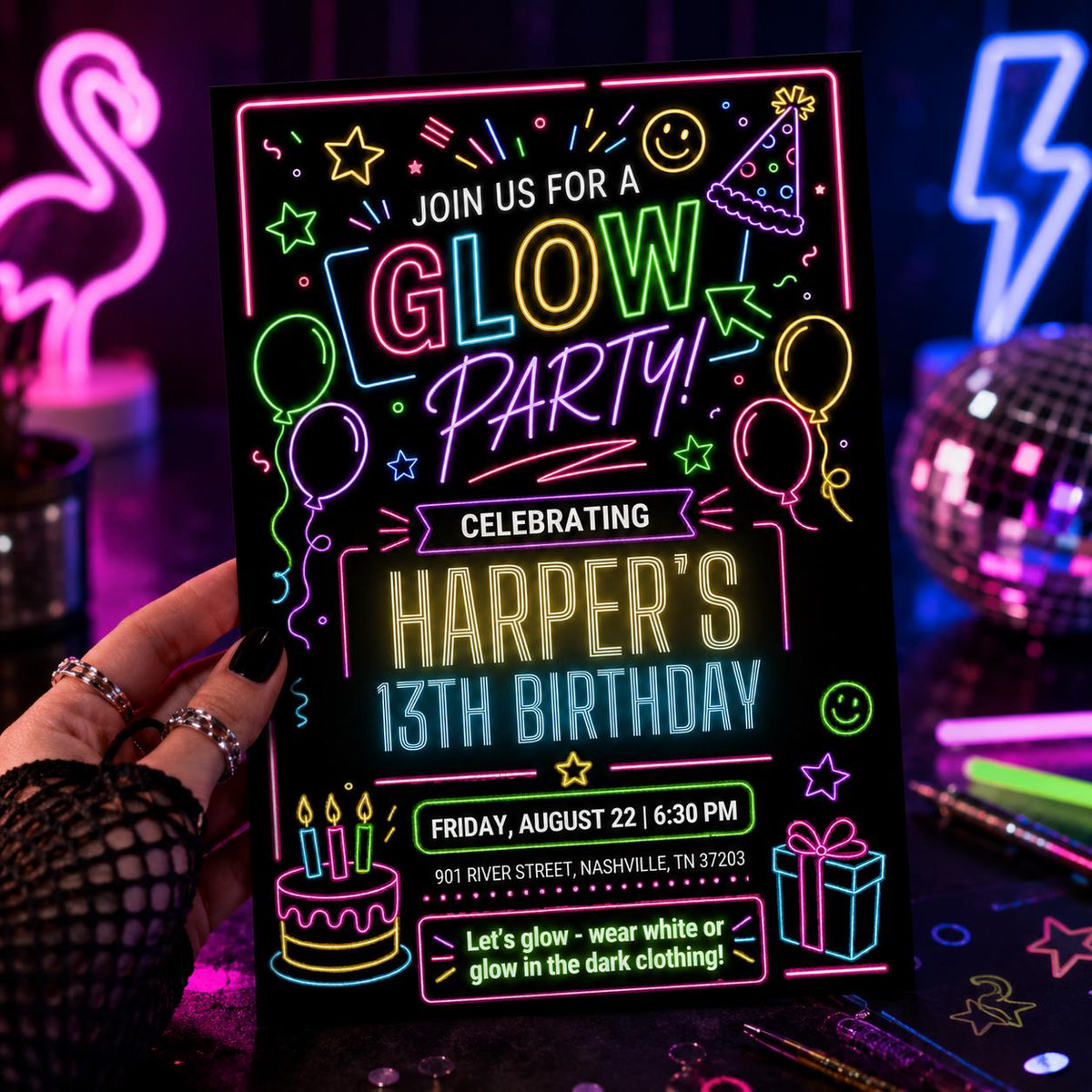 Glow Party 13th Birthday Invitation with Neon Doodles — invitation you personalize in Canva