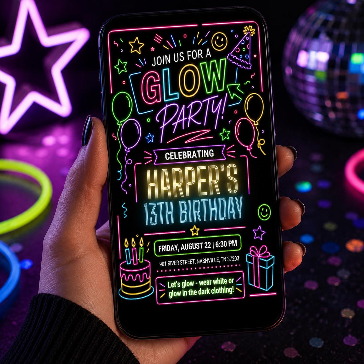 Glow Party 13th Birthday Invitation with Neon Doodles — 13th birthday party stationery by VoltBy