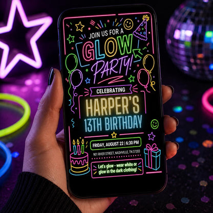 Glow Party 13th Birthday Invitation with Neon Doodles — 13th birthday party stationery by VoltBy