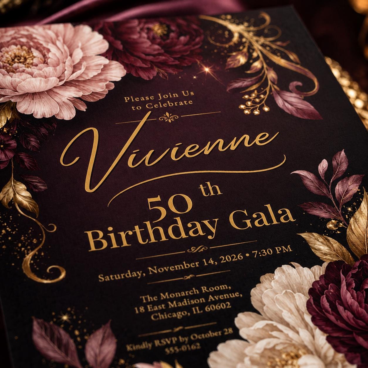 Elegant 50th Birthday Gala Invitation, Burgundy Gold Floral Canva Template, Editable Milestone Party Invite
