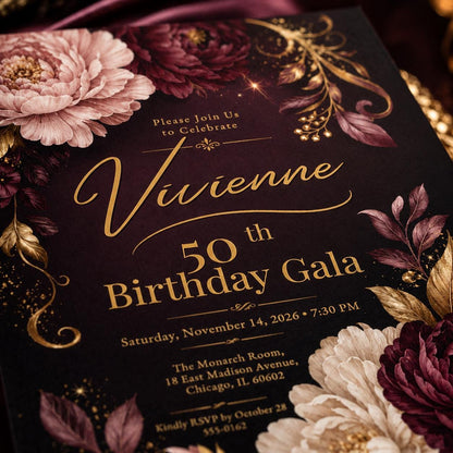Elegant 50th Birthday Gala Invitation, Burgundy Gold Floral Canva Template, Editable Milestone Party Invite