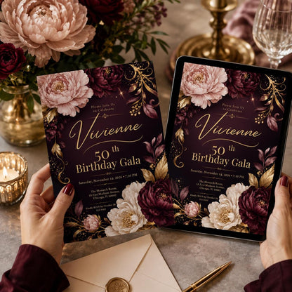 Elegant 50th Birthday Gala Invitation, Burgundy Gold Floral Canva Template, Editable Milestone Party Invite