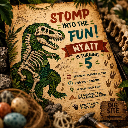 Dinosaur 3rd Birthday Invitation: Dino Four — digital invitation, instant download
