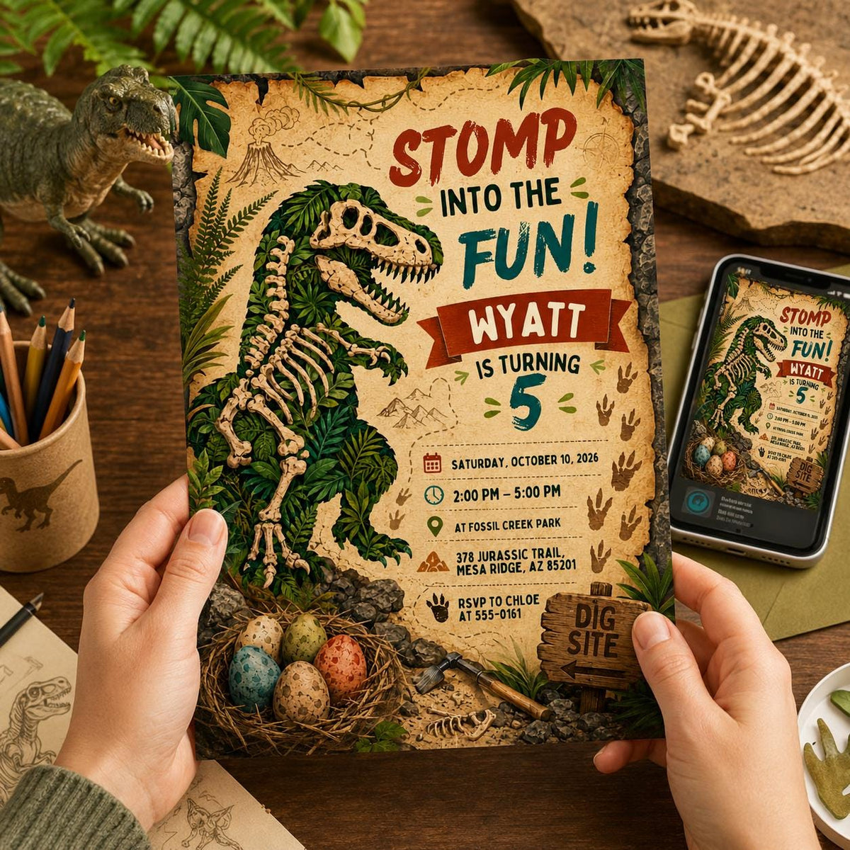 Dinosaur 3rd Birthday Invitation: Dino Four — 3rd birthday party stationery by VoltBy