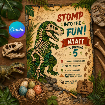 Dinosaur 3rd Birthday Invitation: Dino Four — editable Canva template