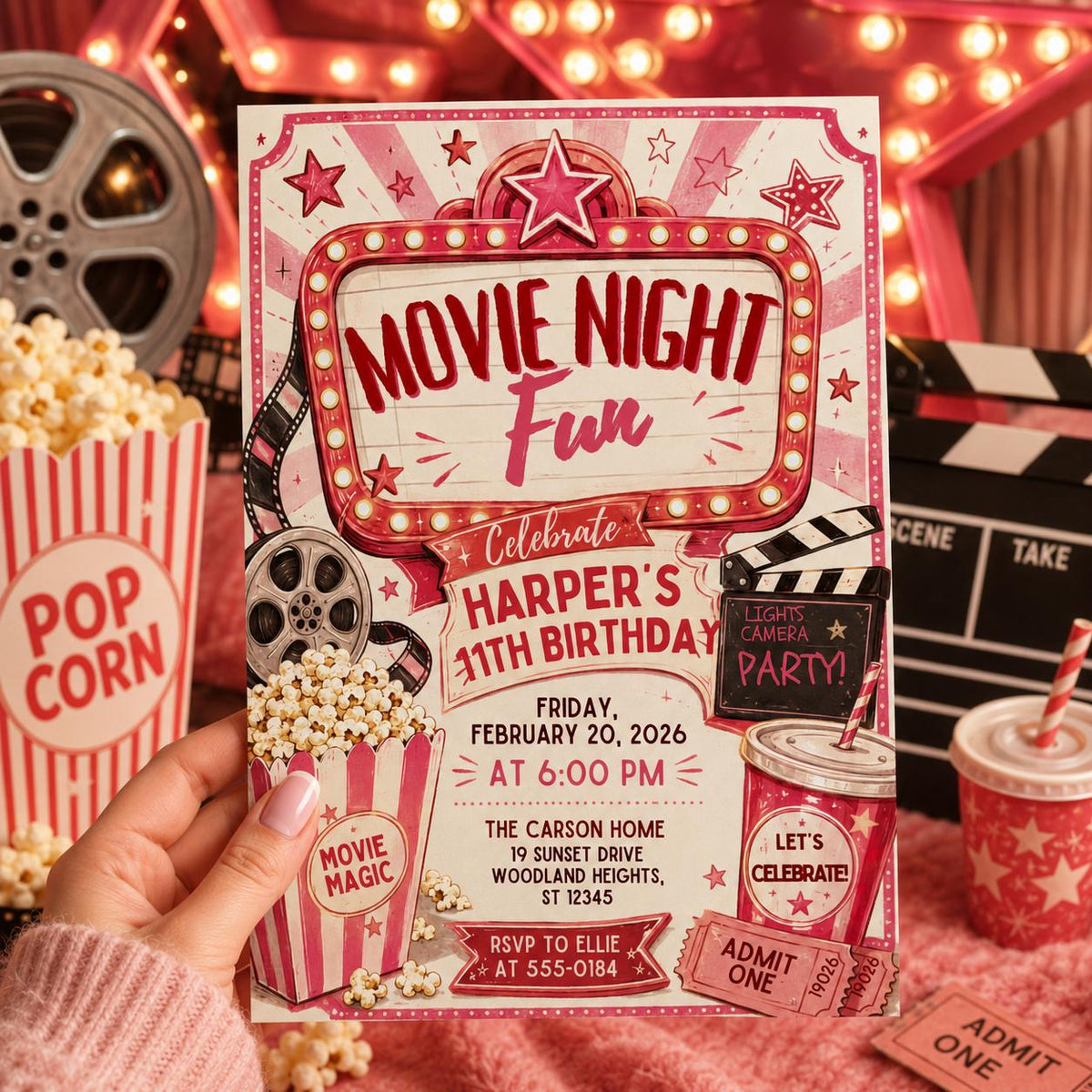 Vintage Movie Night 11th Birthday Invitation in Pink and Red — invitation you personalize in Canva