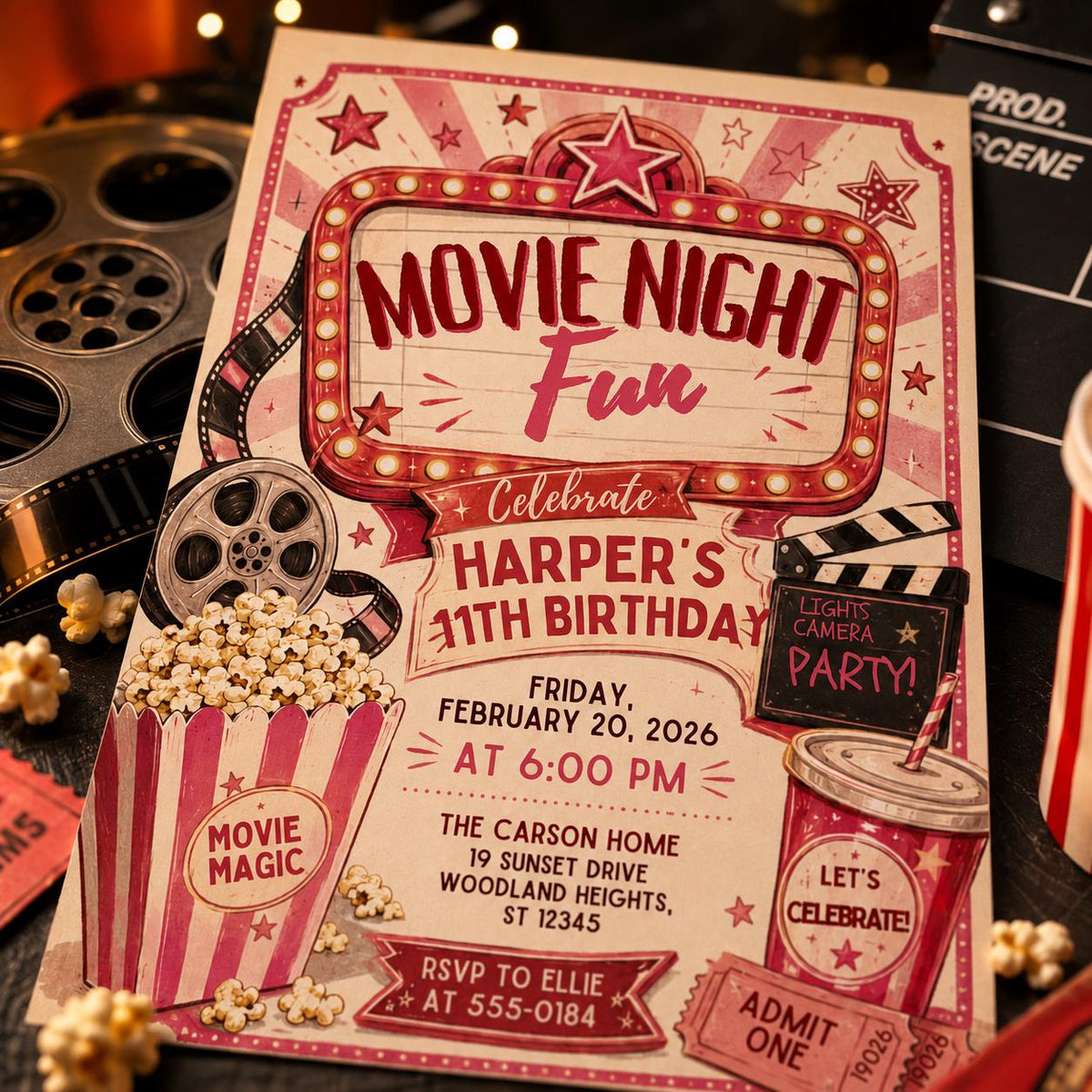 Vintage Movie Night 11th Birthday Invitation in Pink and Red — retro 11th birthday party design
