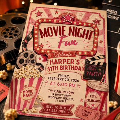 Vintage Movie Night 11th Birthday Invitation in Pink and Red — retro 11th birthday party design