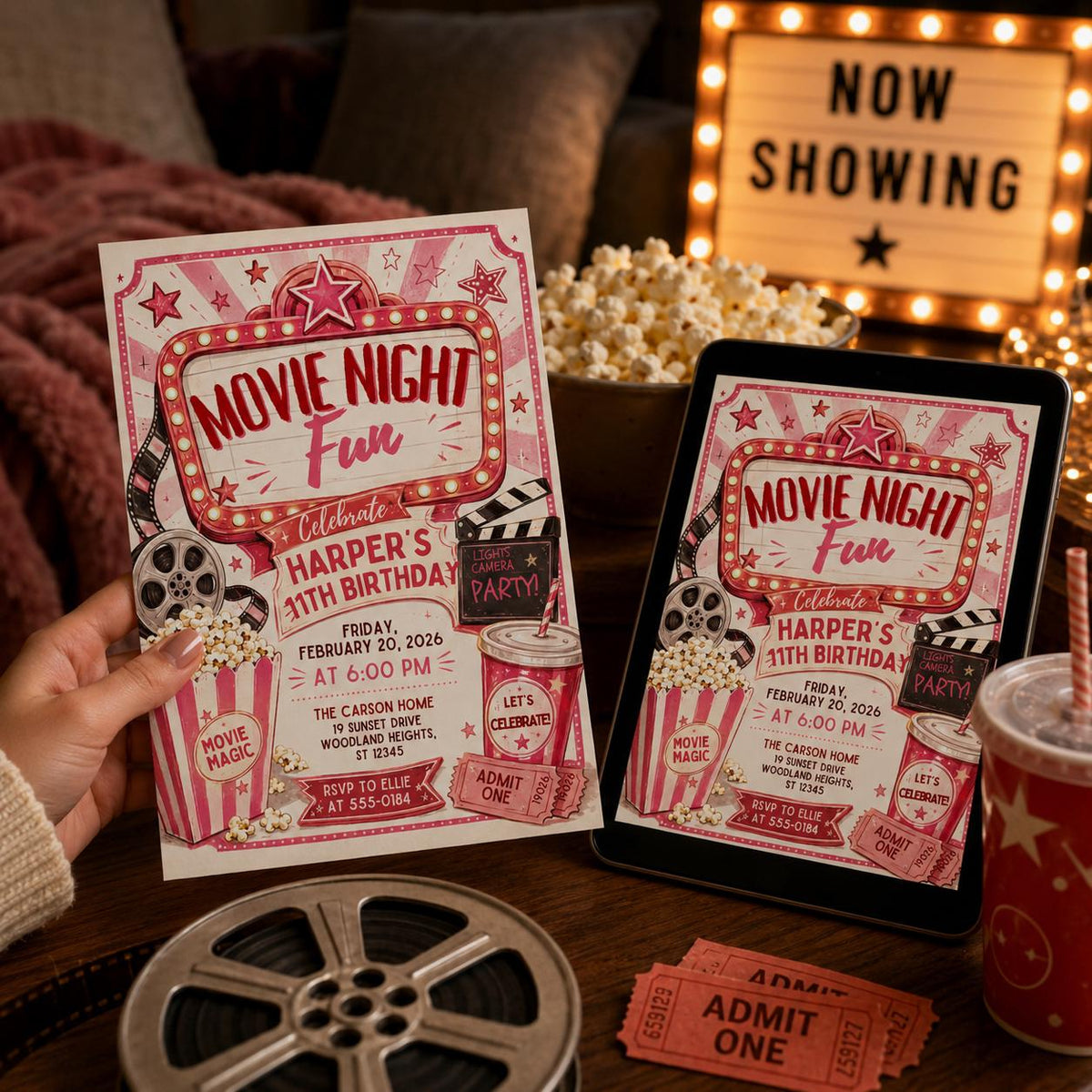 Vintage Movie Night 11th Birthday Invitation in Pink and Red — print-ready 11th birthday party design from VoltBy
