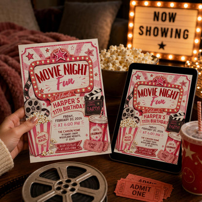 Vintage Movie Night 11th Birthday Invitation in Pink and Red — print-ready 11th birthday party design from VoltBy
