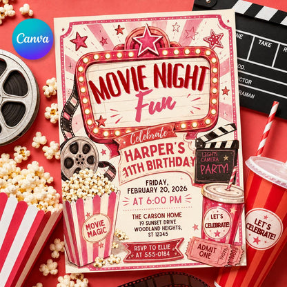 Vintage Movie Night 11th Birthday Invitation in Pink and Red — editable Canva template