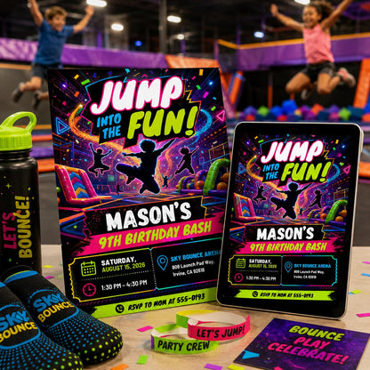 Trampoline Park Birthday Invitation Editable Template, Neon Glow Jump Party Invite, Boy 9th Birthday, Kids Birthday Party, Glow Party Invite __etsy:8176152447