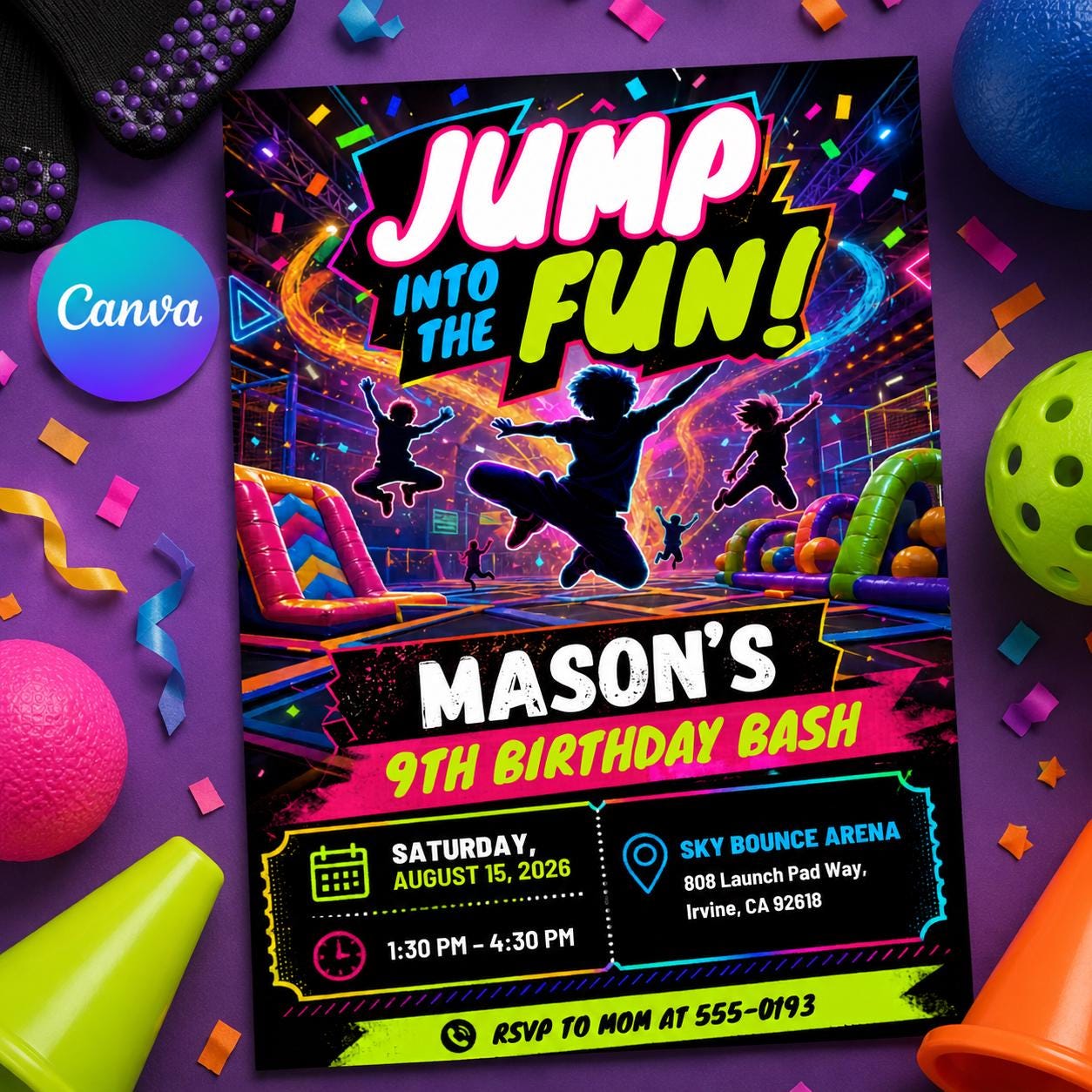Trampoline Park Birthday Invitation Editable Template, Neon Glow Jump Party Invite, Boy 9th Birthday, Kids Birthday Party, Glow Party Invite __etsy:8176152465