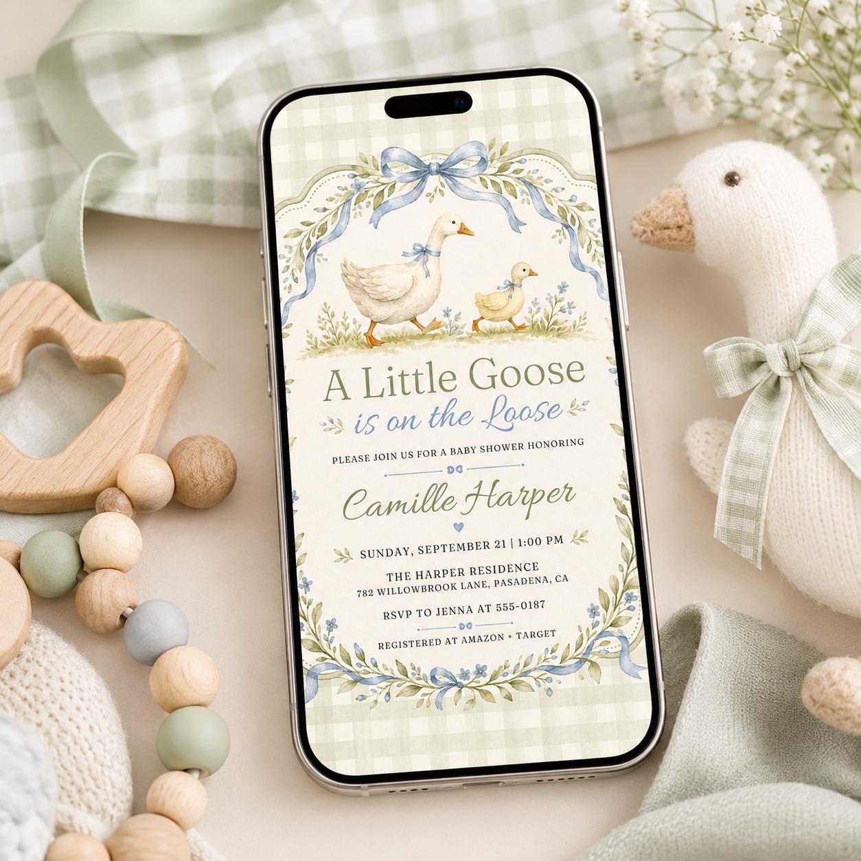 A Little Goose Baby Shower Invitation, Editable Gingham Goose Theme Invite, Spring Baby Shower Template,  Baby Shower Invitation Template __etsy:8177601013