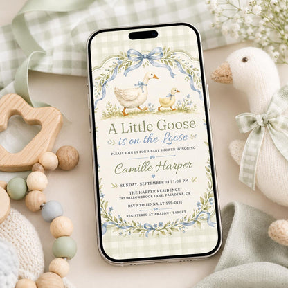 A Little Goose Baby Shower Invitation, Editable Gingham Goose Theme Invite, Spring Baby Shower Template,  Baby Shower Invitation Template __etsy:8177601013