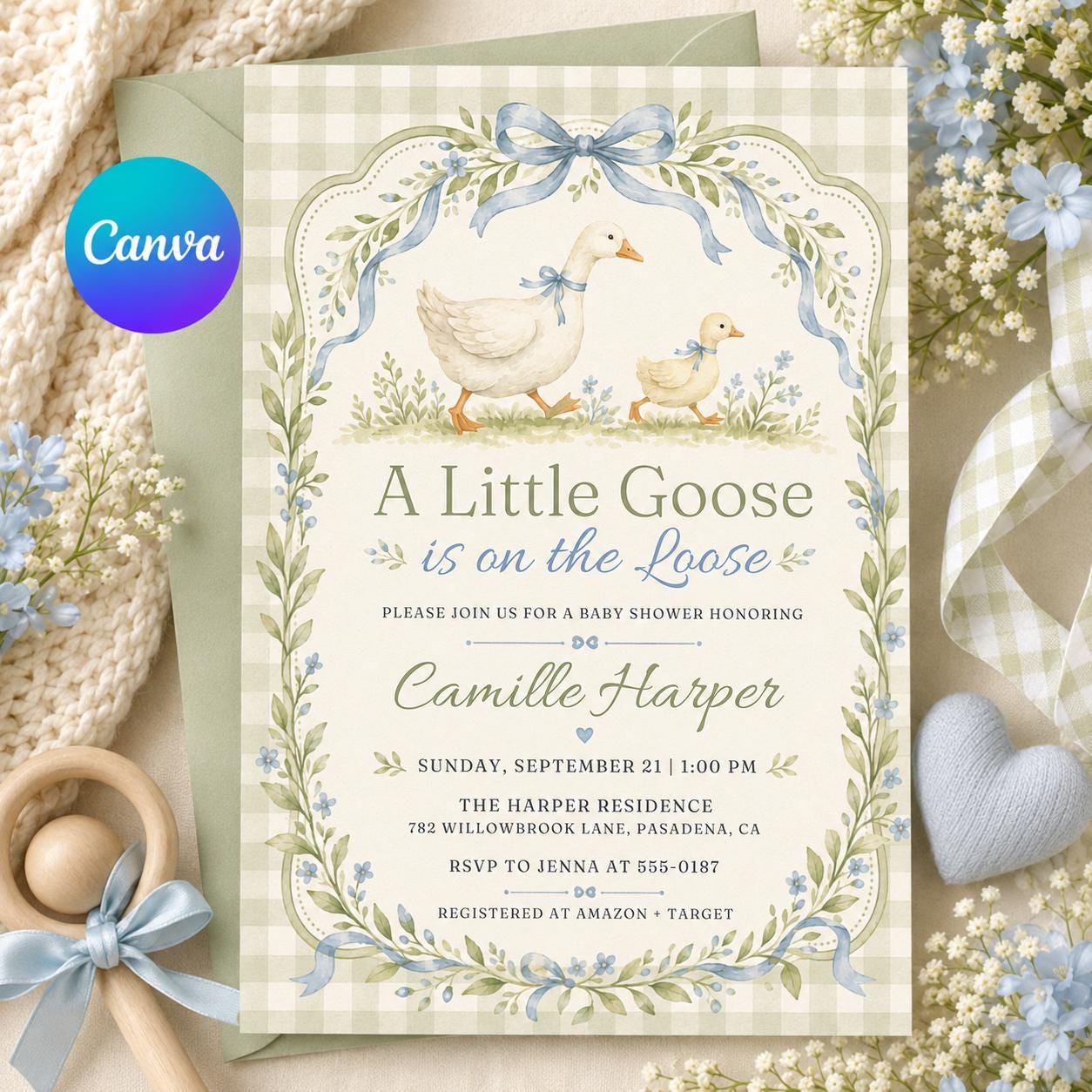 A Little Goose Baby Shower Invitation, Editable Gingham Goose Theme Invite, Spring Baby Shower Template,  Baby Shower Invitation Template __etsy:8177601067