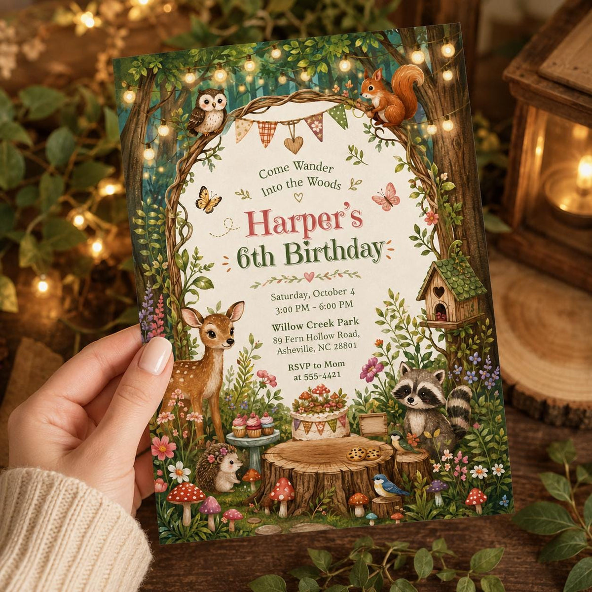 Woodland Animals 6th Birthday Invitation for Girls — digital invitation, instant download