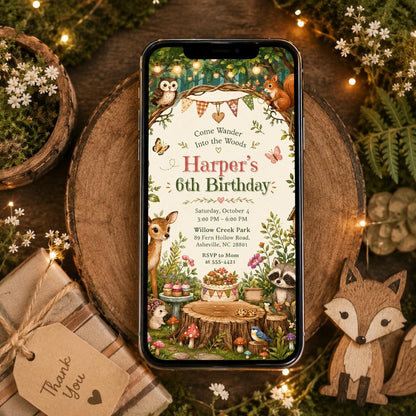 Woodland Animals 6th Birthday Invitation for Girls — design view 2