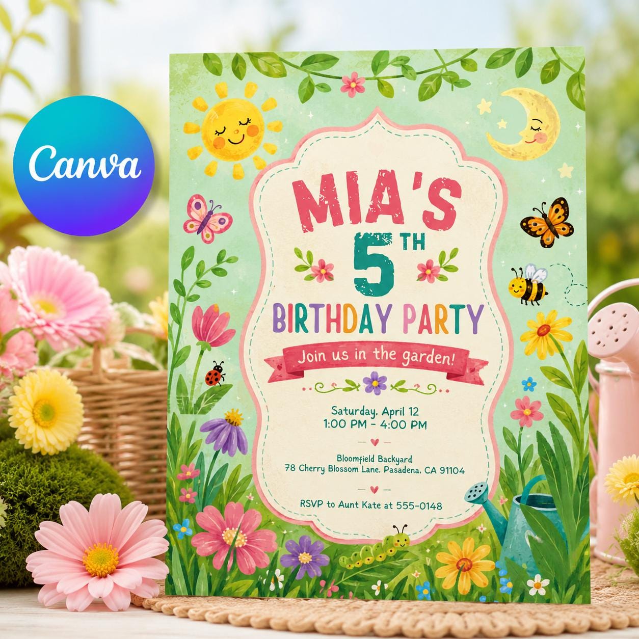 Floral 5th Birthday Party Invitation, Editable Garden Flower Party Invite, Girl 5th Birthday Spring Theme Template, Printable Digital __etsy:8177937215