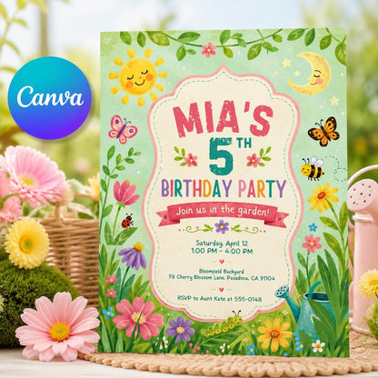 Floral 5th Birthday Party Invitation, Editable Garden Flower Party Invite, Girl 5th Birthday Spring Theme Template, Printable Digital __etsy:8177937215