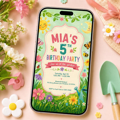 Floral 5th Birthday Party Invitation, Editable Garden Flower Party Invite, Girl 5th Birthday Spring Theme Template, Printable Digital __etsy:8177937307