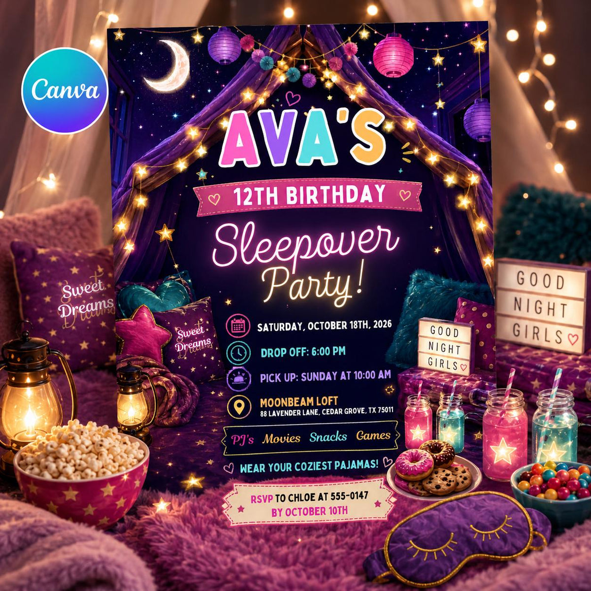 Sleepover Party Invitation — editable Canva template