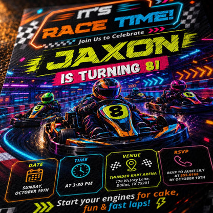 Neon Go-Kart Racing 8th Birthday Invitation — race car design