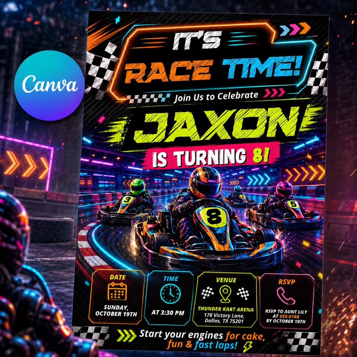 Neon Go-Kart Racing 8th Birthday Invitation — editable Canva template