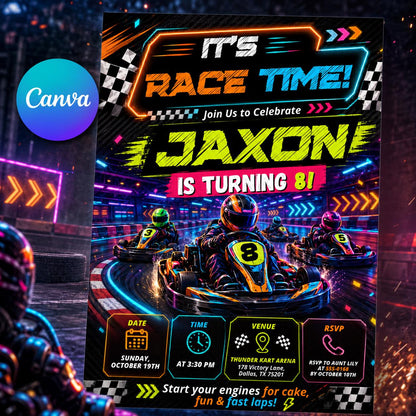 Neon Go-Kart Racing 8th Birthday Invitation — editable Canva template