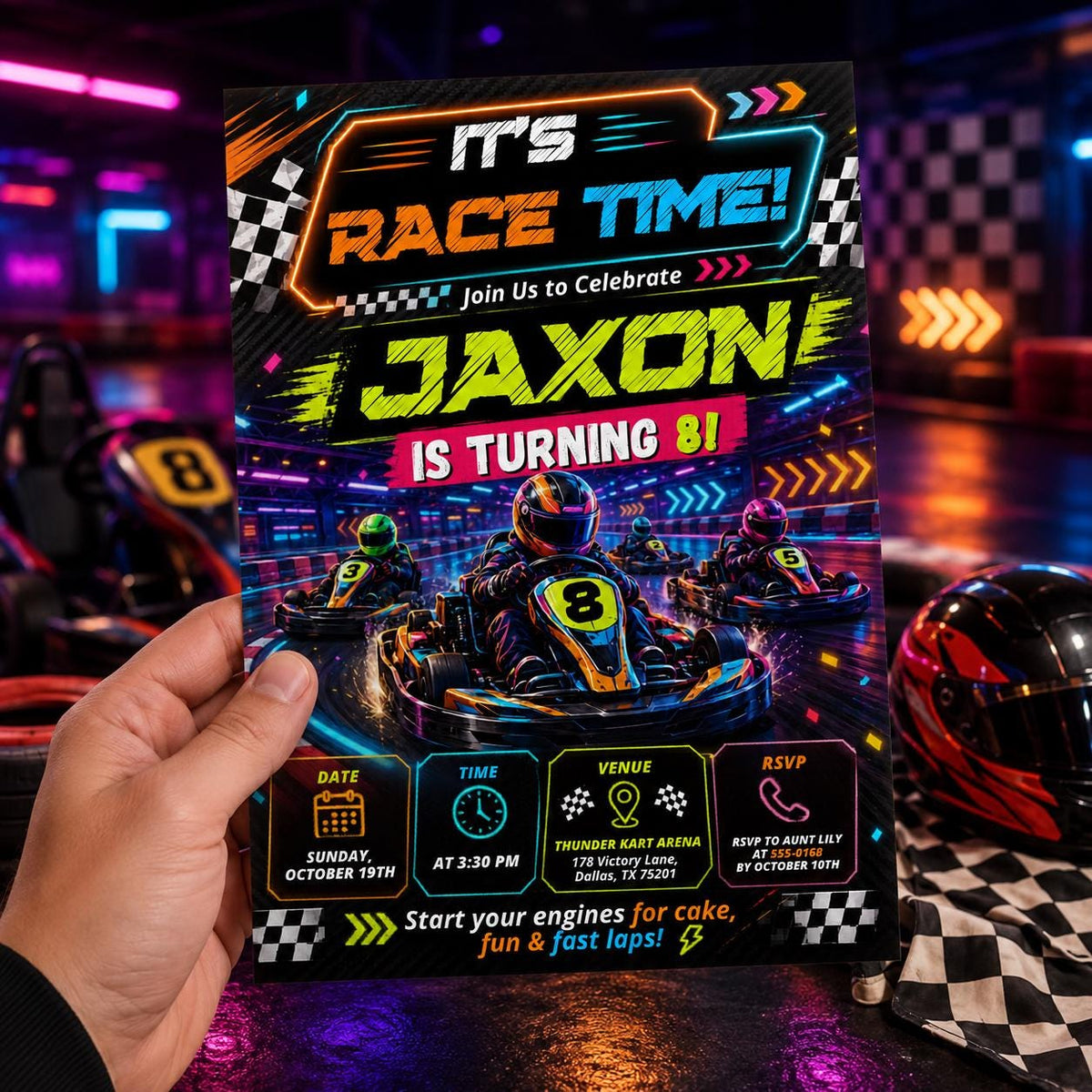Neon Go-Kart Racing 8th Birthday Invitation — invitation you personalize in Canva