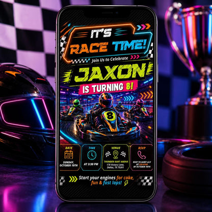 Neon Go-Kart Racing 8th Birthday Invitation — checkered 8th birthday party design