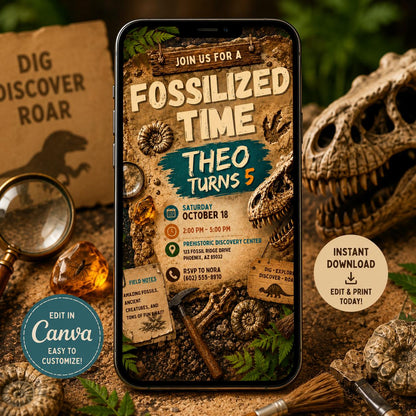 Fossil Dinosaur Birthday Invitation, Editable Jurassic Dino Party Invite, Dino Bones Jurassic Party Supplies, Printable Canva Template __etsy:8179492775