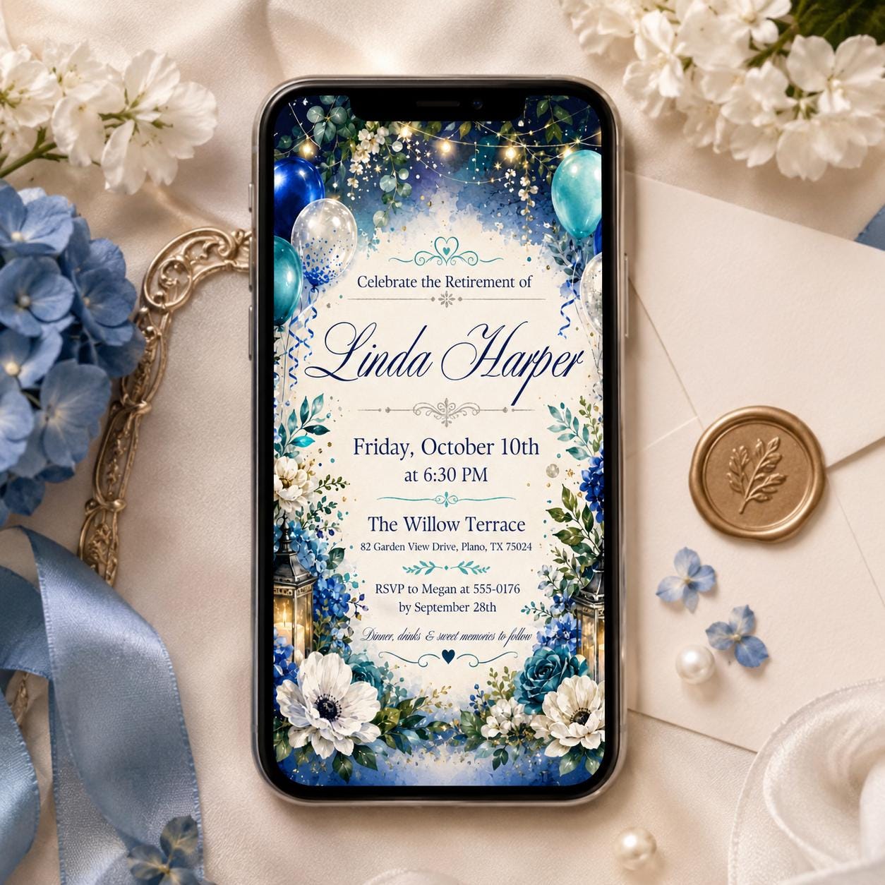 Retirement Party Invitation Blue Balloon Theme Printable Retirement Celebration Invite for Men and Women, Editable Canva Template (Digital) __etsy:8179494761