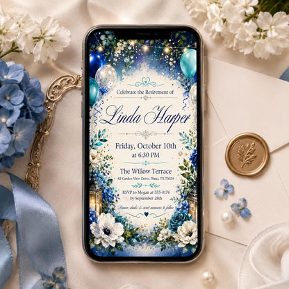 Retirement Party Invitation Blue Balloon Theme Printable Retirement Celebration Invite for Men and Women, Editable Canva Template (Digital) __etsy:8179494761