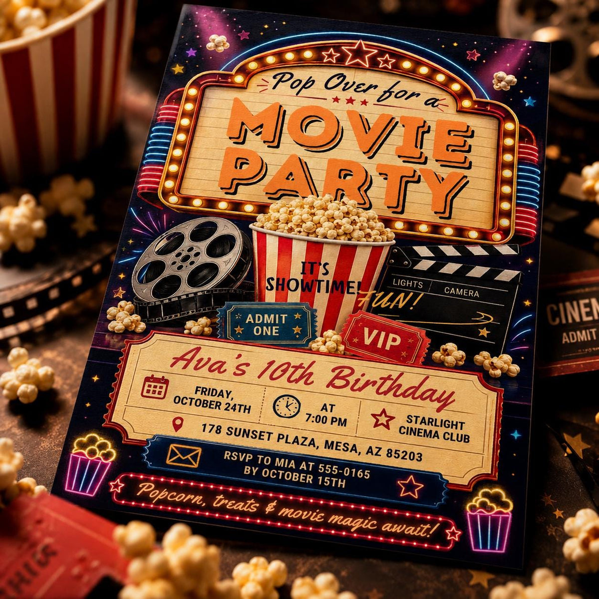 Pop Over for a Movie Party 10th Birthday Invitation — invitation you personalize in Canva