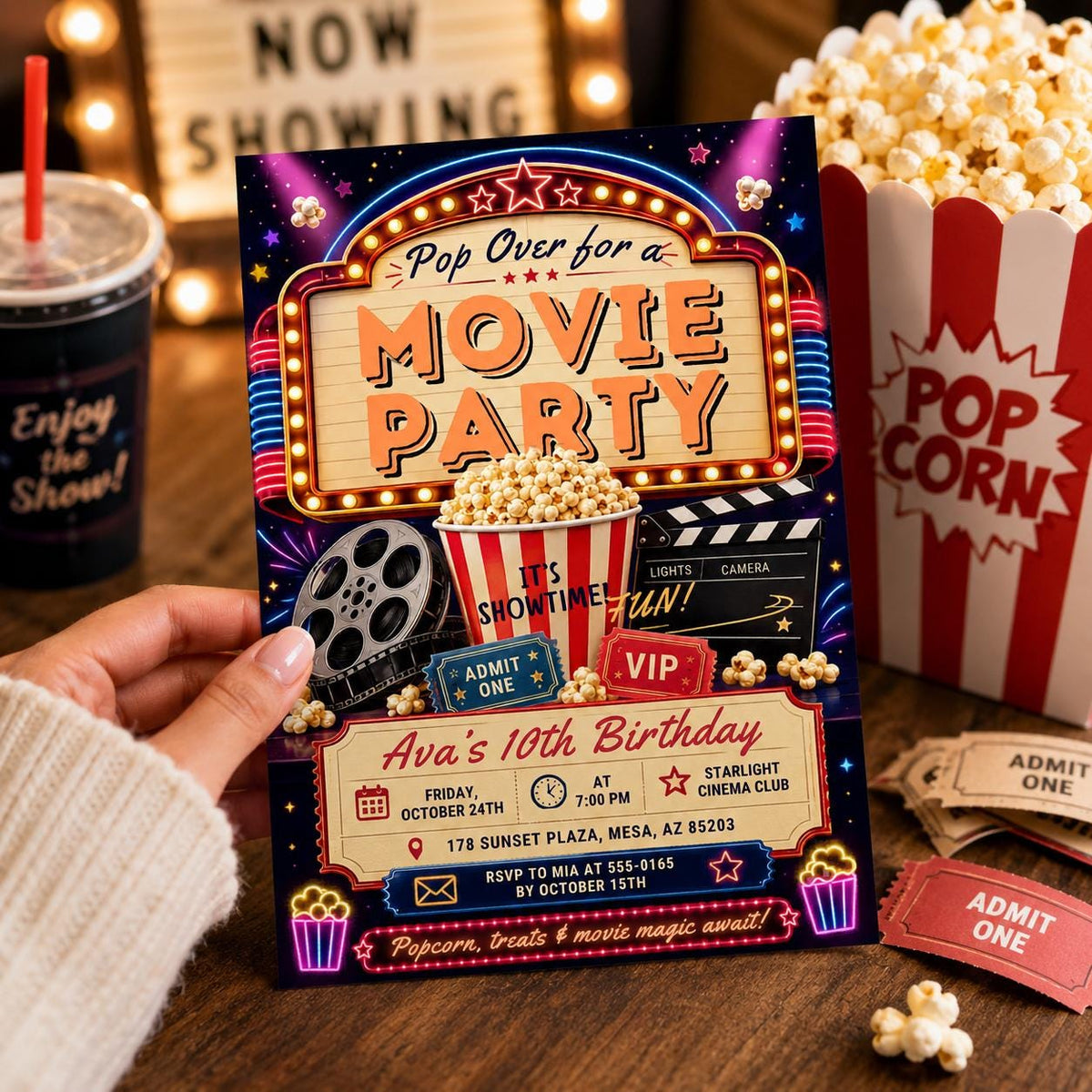 Pop Over for a Movie Party 10th Birthday Invitation — print-ready 10th birthday party design from VoltBy