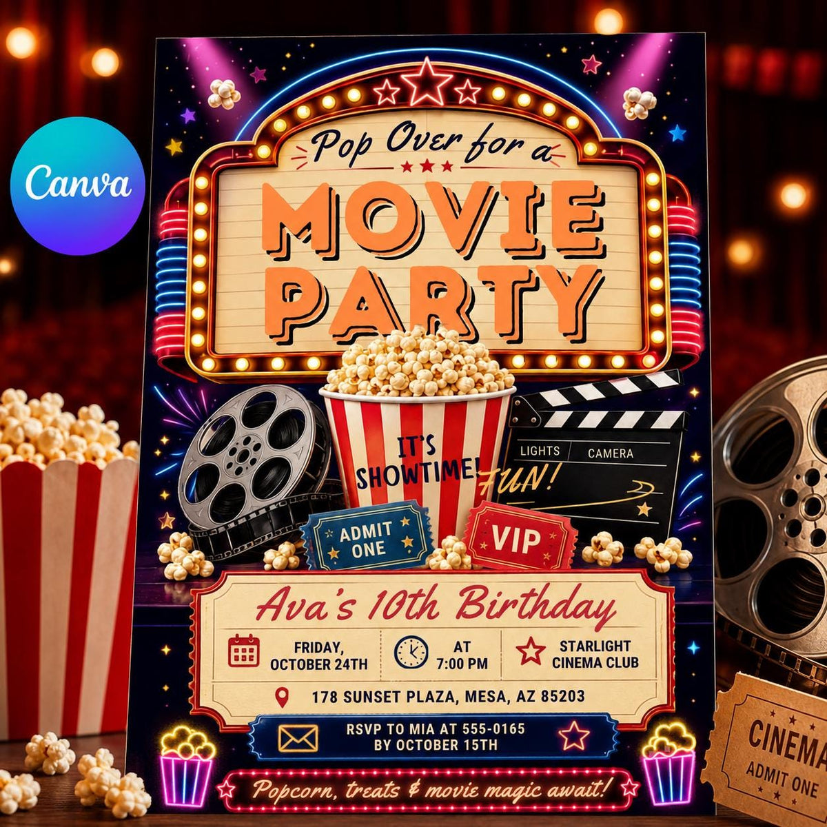 Pop Over for a Movie Party 10th Birthday Invitation — editable Canva template