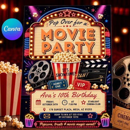Pop Over for a Movie Party 10th Birthday Invitation — editable Canva template