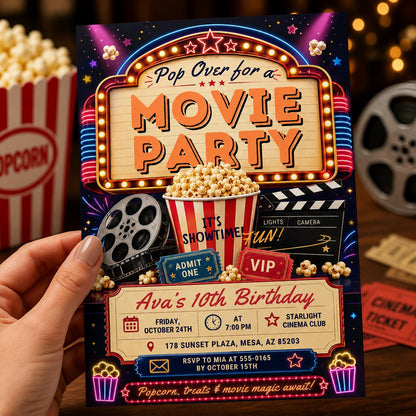 Pop Over for a Movie Party 10th Birthday Invitation — 10th birthday party stationery by VoltBy