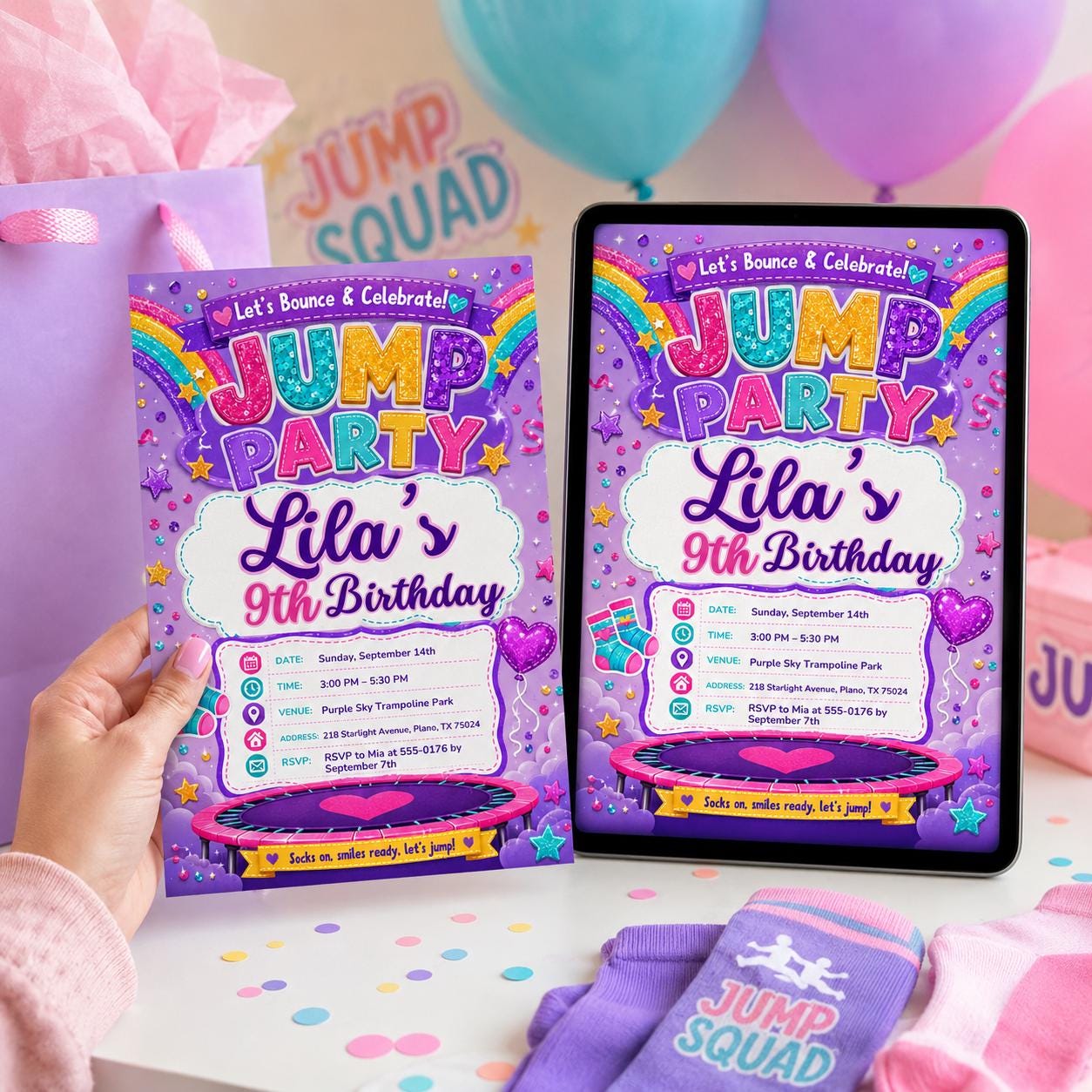 Jump Party Invitation, Trampoline Park Birthday invite, Bounce Party Invite, Jump Zone Birthday, Editable Canva Template __etsy:8179509209