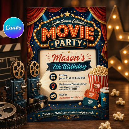 Movie Night Birthday Invitation, Movie Party Invitation, Cinema Invitation, Backyard Movie Night Birthday Birthday Invite, Editable Canva __etsy:8179510511