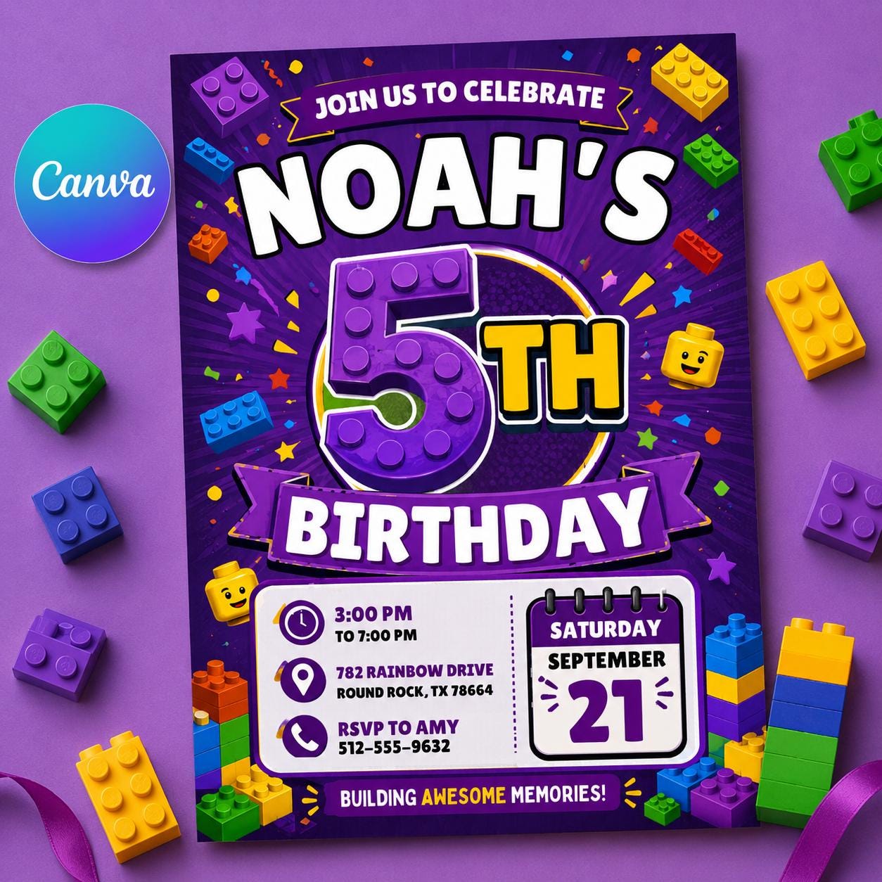 Editable Building Blocks Birthday Invitation, Purple Brick Party Canva Template, Kids 5th Birthday Invite __etsy:8179516125