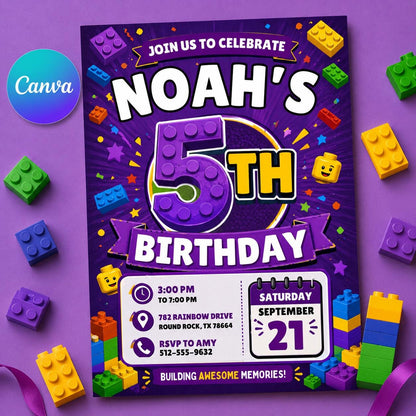 Editable Building Blocks Birthday Invitation, Purple Brick Party Canva Template, Kids 5th Birthday Invite __etsy:8179516125
