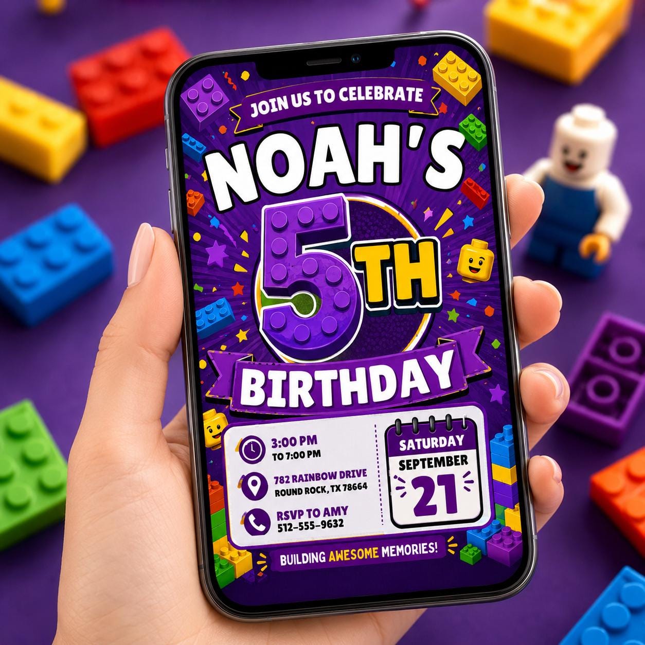 Editable Building Blocks Birthday Invitation, Purple Brick Party Canva Template, Kids 5th Birthday Invite __etsy:8179516137