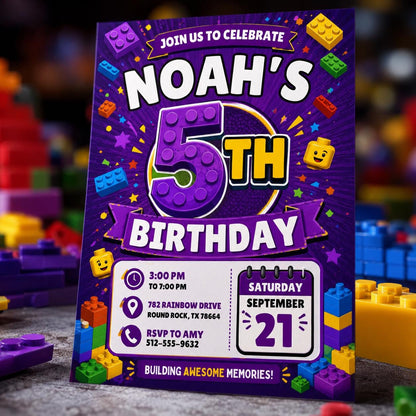 Editable Building Blocks Birthday Invitation, Purple Brick Party Canva Template, Kids 5th Birthday Invite __etsy:8179516139