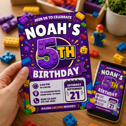 Editable Building Blocks Birthday Invitation, Purple Brick Party Canva Template, Kids 5th Birthday Invite __etsy:8179516145