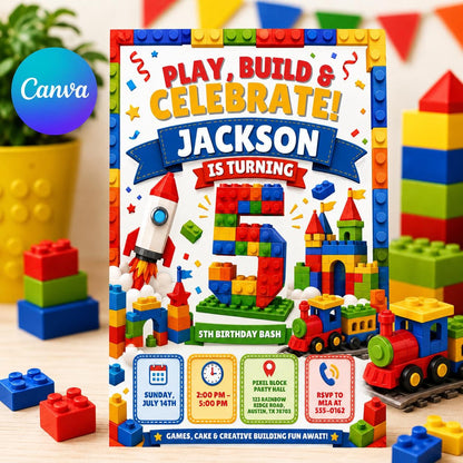 Editable Building Blocks Birthday Invitation, Play Build Celebrate Canva Template, Kids Brick Party Invite __etsy:8179518087