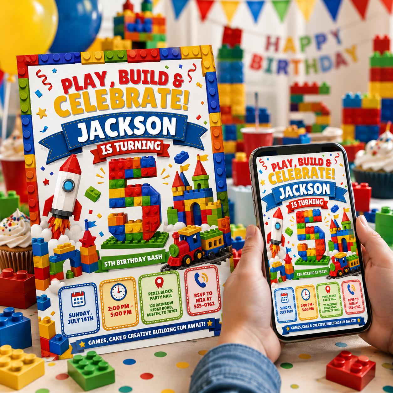 Editable Building Blocks Birthday Invitation, Play Build Celebrate Canva Template, Kids Brick Party Invite __etsy:8179518103