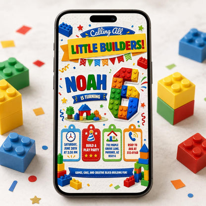 Editable Little Builders Birthday Invitation, Building Blocks Party Canva Template, Kids Digital Invite __etsy:8179519027