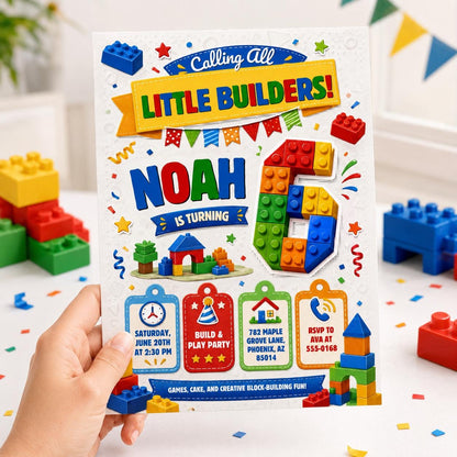 Editable Little Builders Birthday Invitation, Building Blocks Party Canva Template, Kids Digital Invite __etsy:8179519041